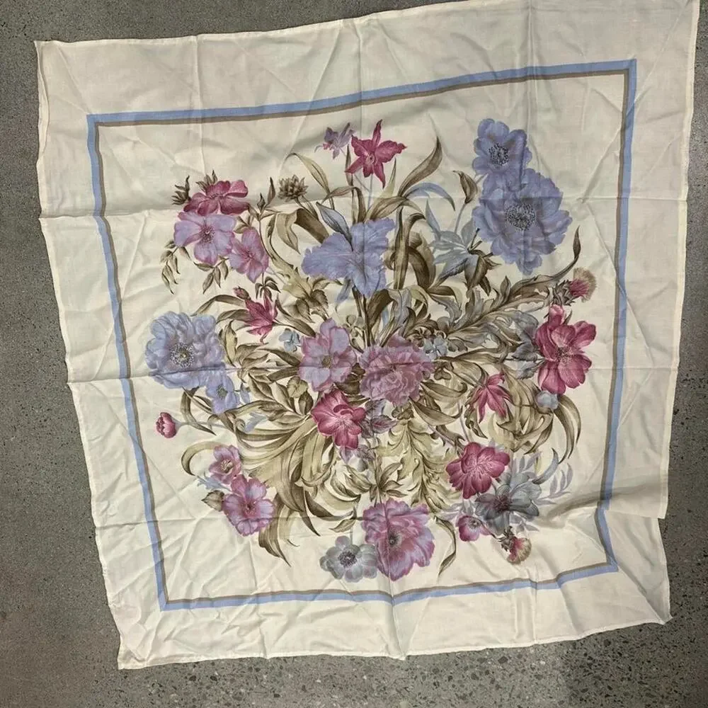 Vintage Floral Silk Scarf | Pastel Botanical Bouquet | Ivory Square Scarf